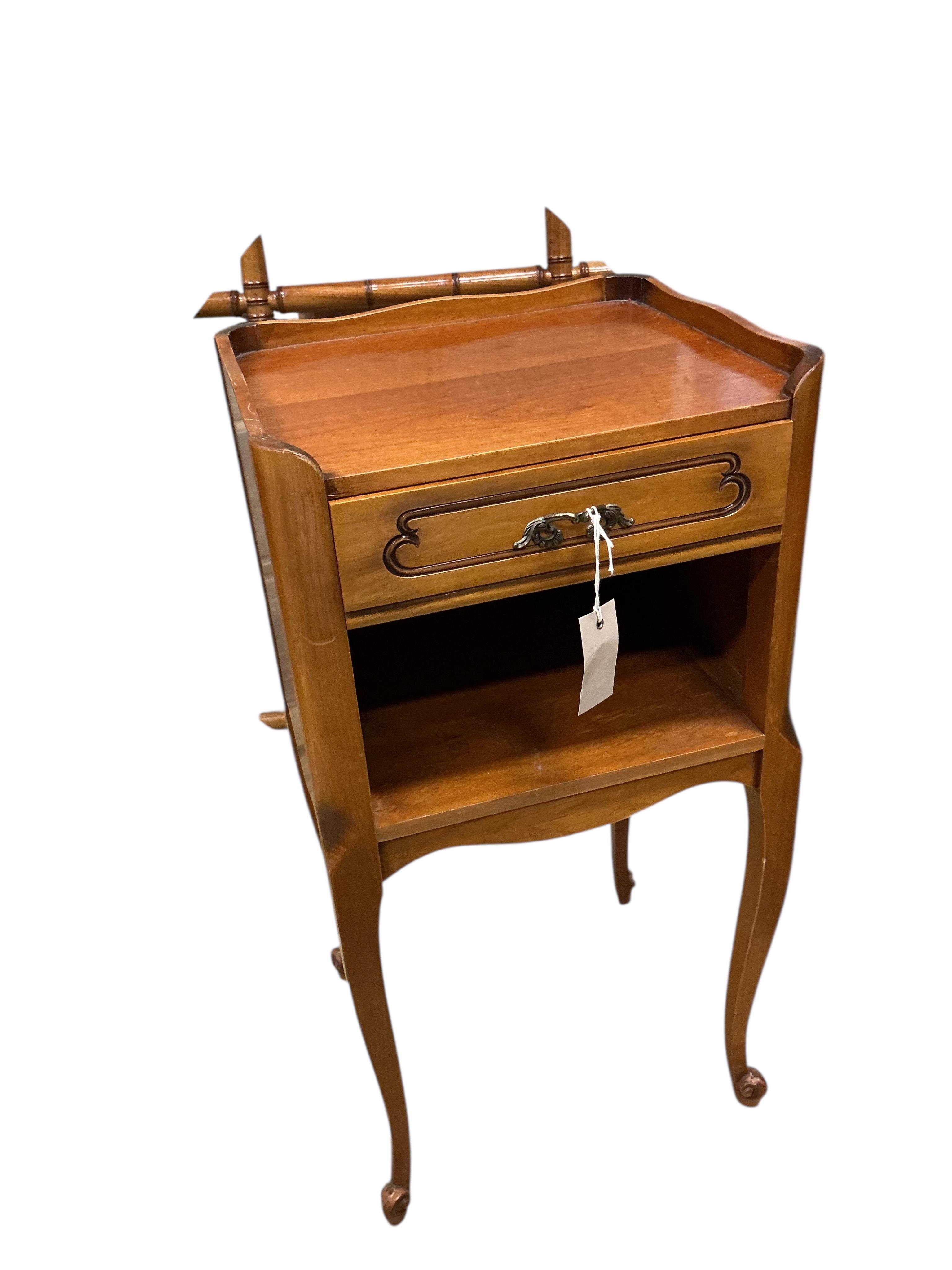 A pair of French cherry bedside tables, width 36cm, depth 31cm, height 70cm